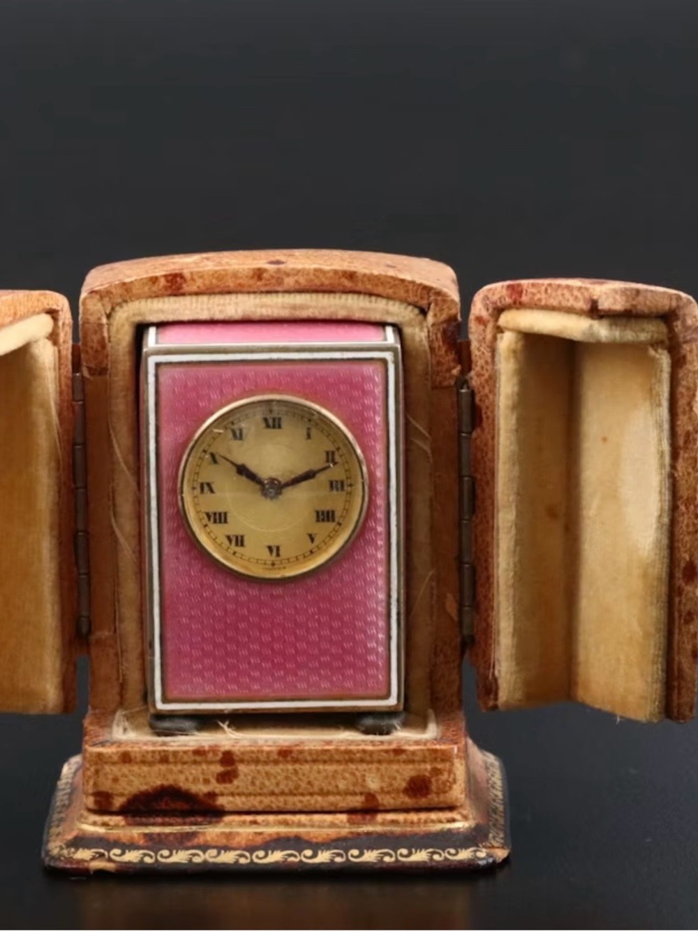 Rare- Antique Pink Guilloche Travel Clock - not working